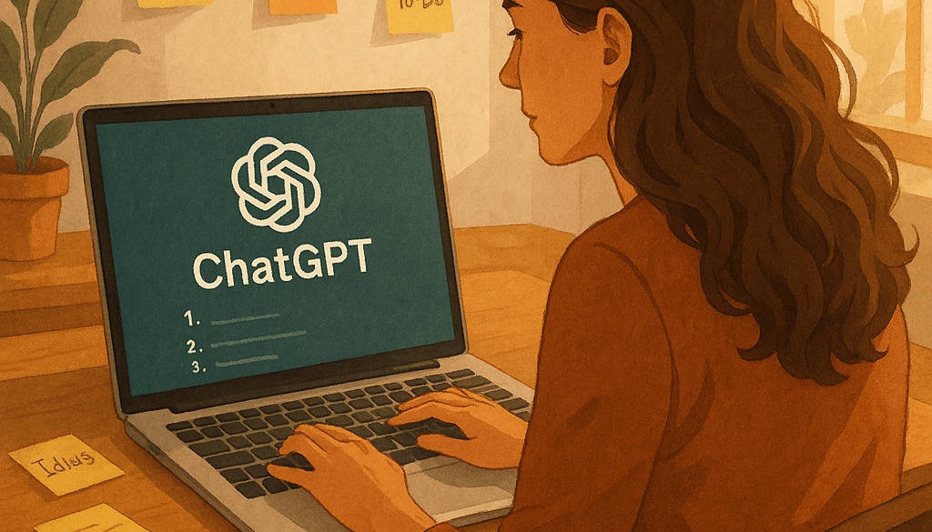 Woman brainstorming content ideas using ChatGPT at a cozy home office