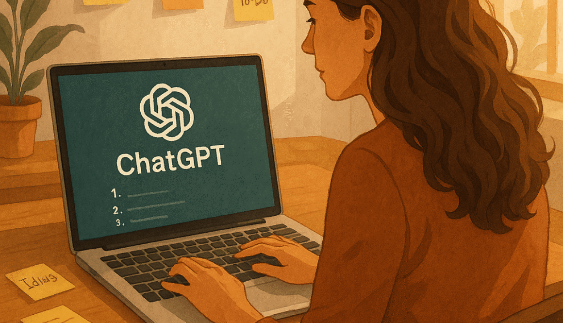 Woman brainstorming content ideas using ChatGPT at a cozy home office