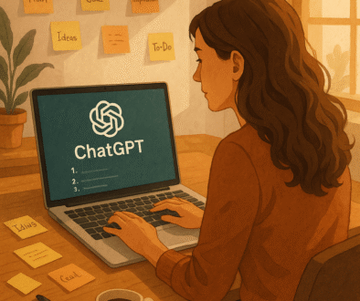 Woman brainstorming content ideas using ChatGPT at a cozy home office
