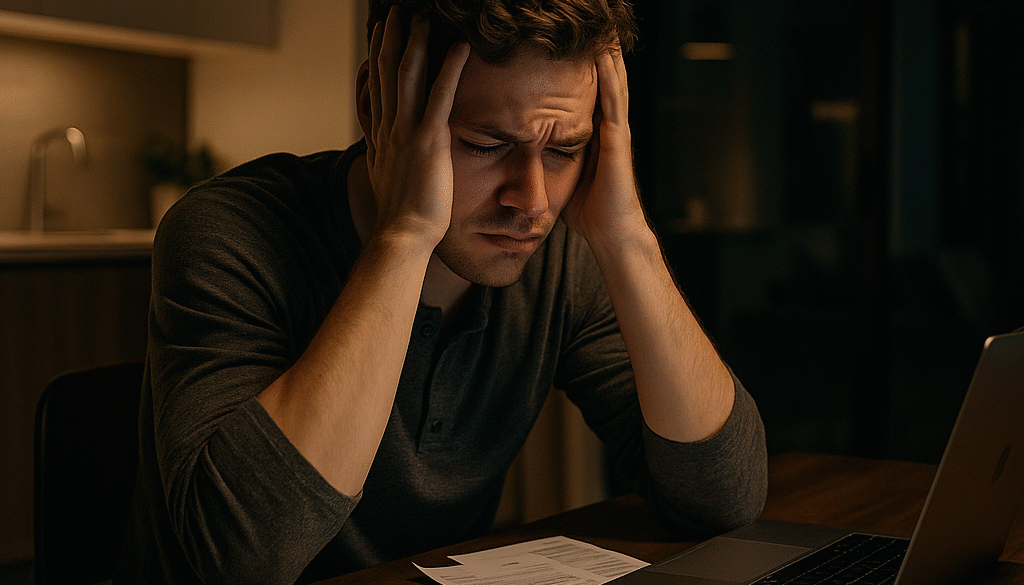 Young man feeling overwhelmed by bills, holding his head in frustration while sitting at a desk with a laptop and paperwork.