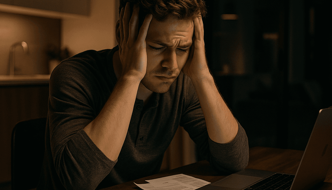 Young man feeling overwhelmed by bills, holding his head in frustration while sitting at a desk with a laptop and paperwork.
