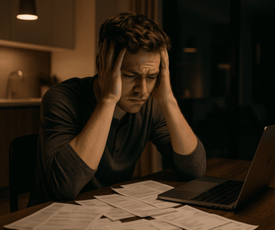 Young man feeling overwhelmed by bills, holding his head in frustration while sitting at a desk with a laptop and paperwork.