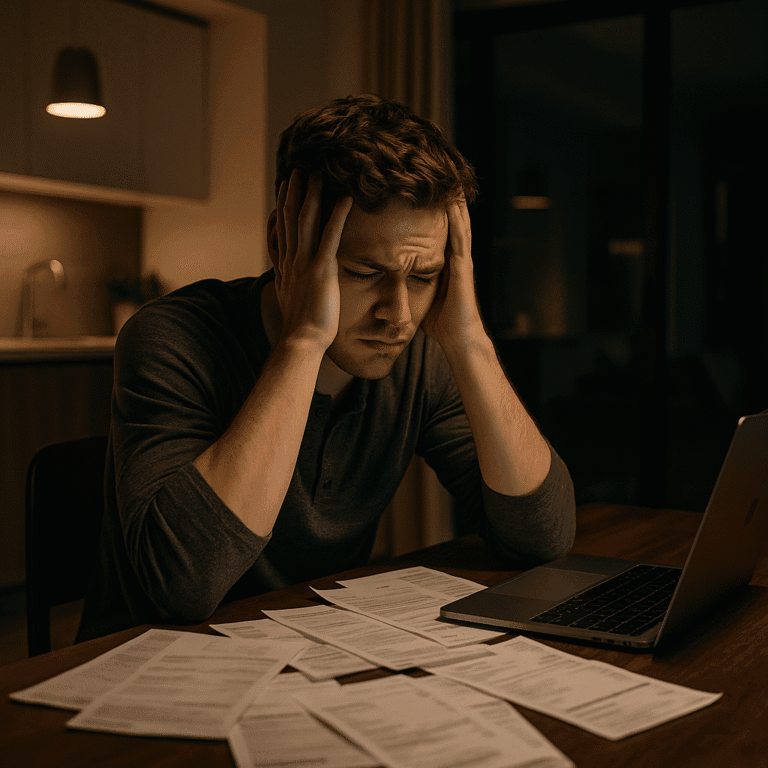 Young man feeling overwhelmed by bills, holding his head in frustration while sitting at a desk with a laptop and paperwork.