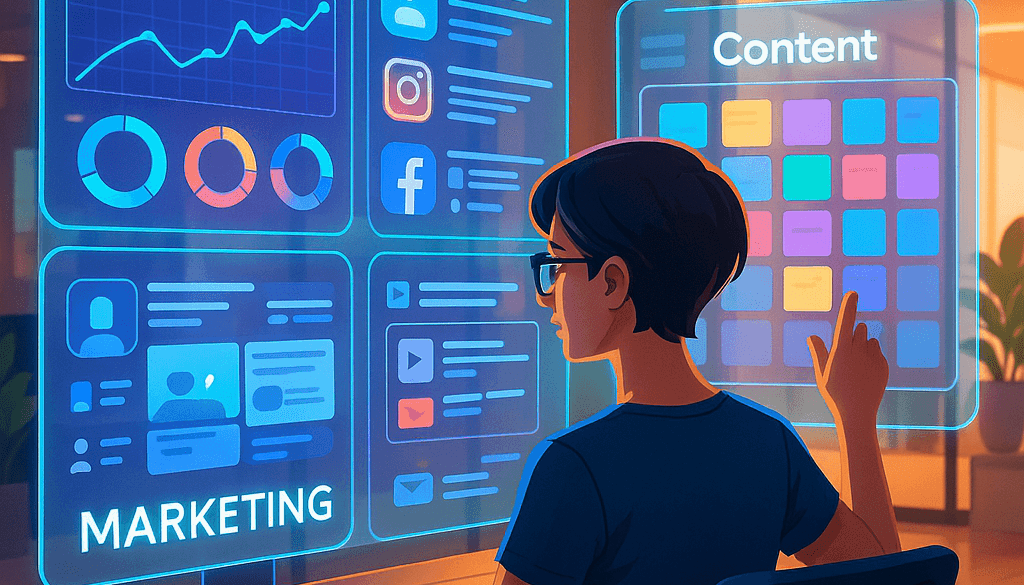 : Digital marketer using futuristic holographic dashboard with analytics, content, and social media tools