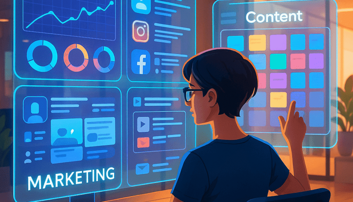 : Digital marketer using futuristic holographic dashboard with analytics, content, and social media tools