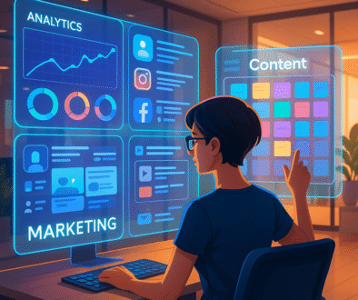 : Digital marketer using futuristic holographic dashboard with analytics, content, and social media tools