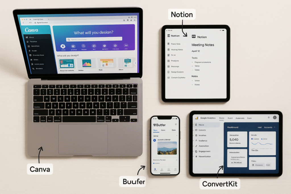  Flat lay of modern digital marketing tools including Canva, Buffer, Notion, ConvertKit, and Google Analytics on various devices.
