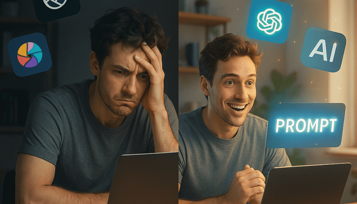 Split-screen image of a frustrated man struggling with AI tools on the left, and the same man looking excited and confident with glowing AI app icons and the word 'PROMPT' on the right."