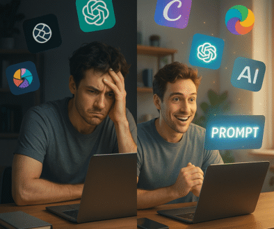 Split-screen image of a frustrated man struggling with AI tools on the left, and the same man looking excited and confident with glowing AI app icons and the word 'PROMPT' on the right."