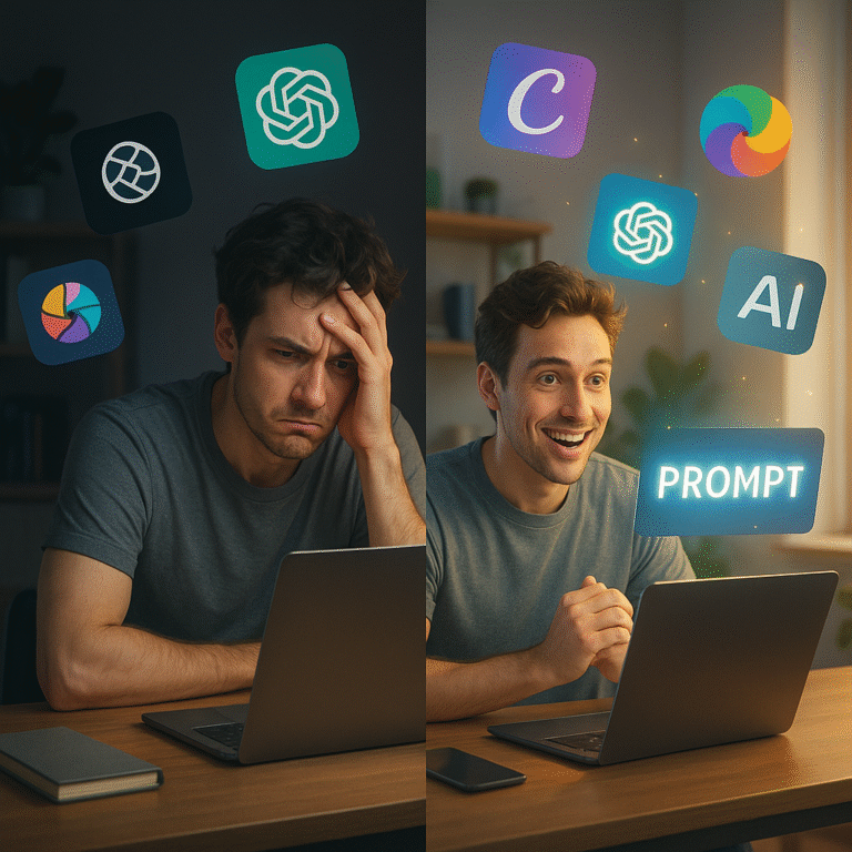 Split-screen image of a frustrated man struggling with AI tools on the left, and the same man looking excited and confident with glowing AI app icons and the word 'PROMPT' on the right."