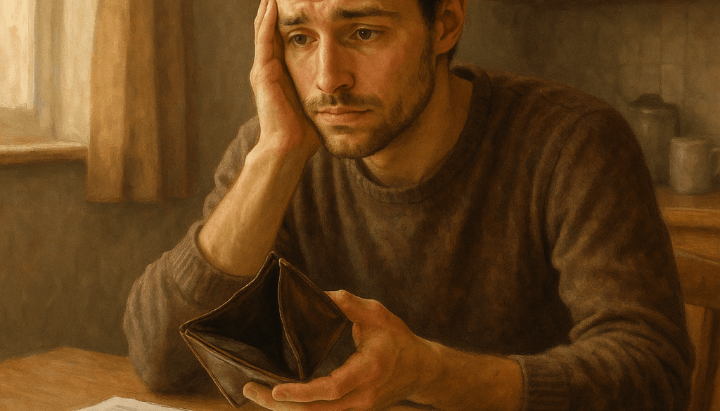 Worried man holding an empty wallet with unpaid bills on the table