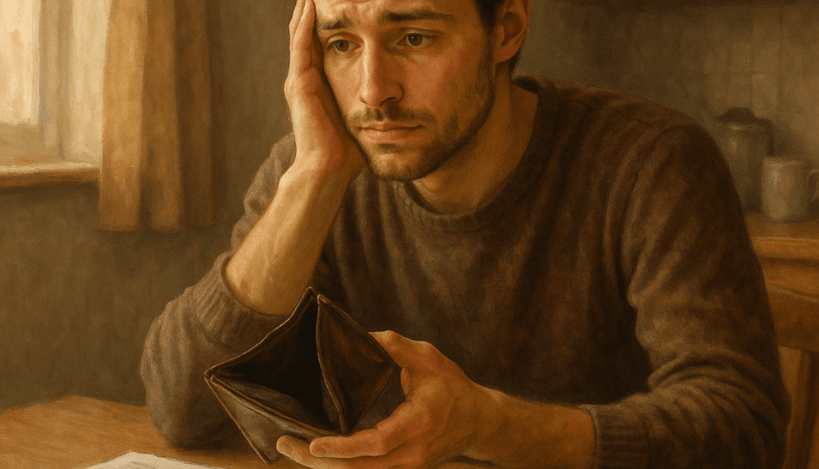 Worried man holding an empty wallet with unpaid bills on the table