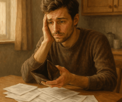 Worried man holding an empty wallet with unpaid bills on the table