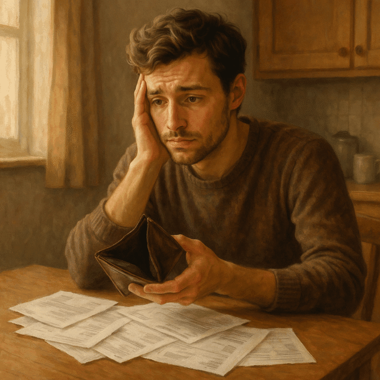 Worried man holding an empty wallet with unpaid bills on the table