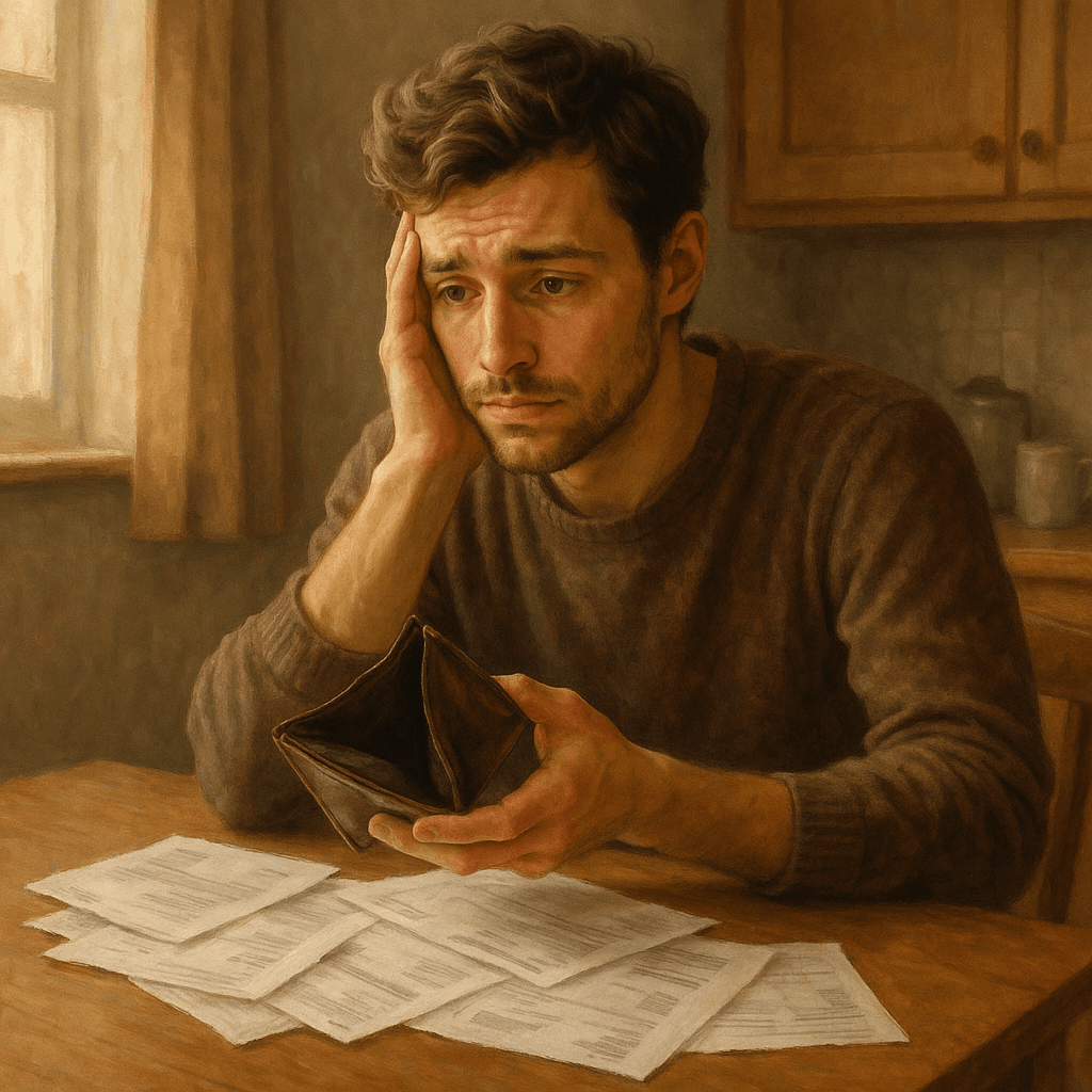 Financial Struggles of Living Paycheck to Paycheck Worried man holding an empty wallet with unpaid bills on the table