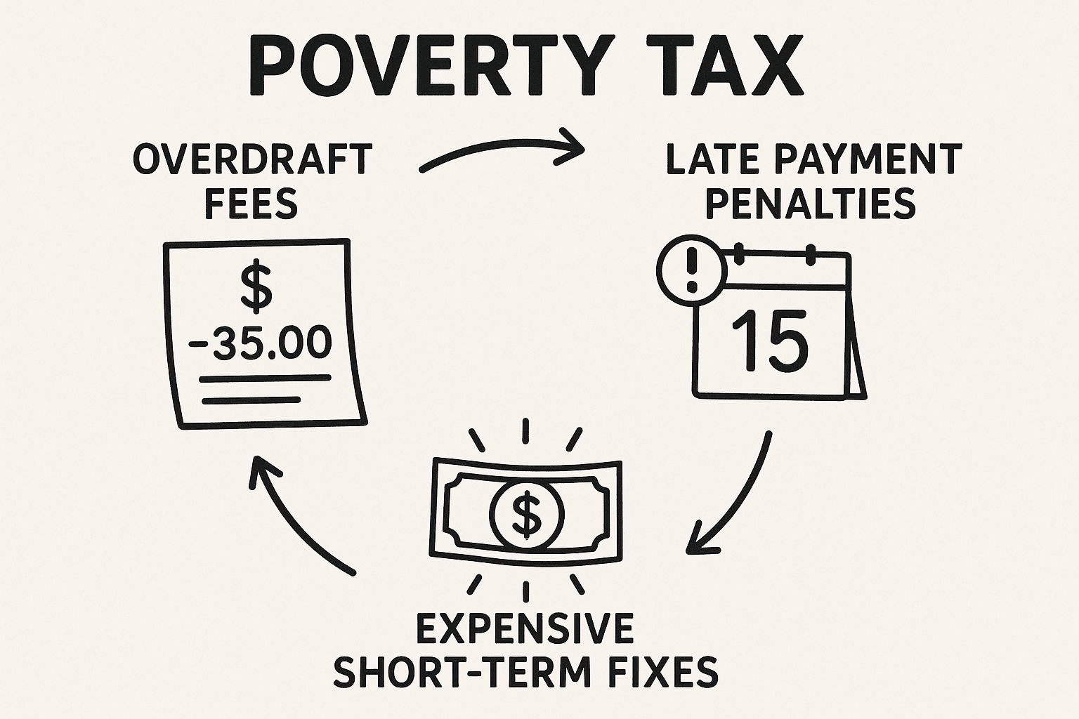 : Poverty tax cycle infographic showing overdraft fees, late payment penalties, and short-term fixes