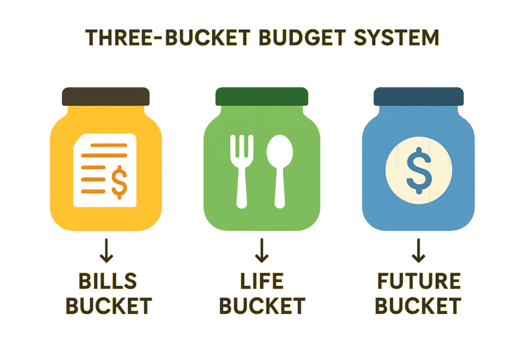  Three-bucket budget system with bills, life, and future savings categories
