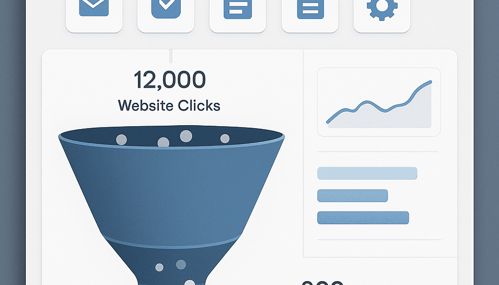 "Dashboard showing a funnel from website clicks to paying clients with analytics and performance icons."