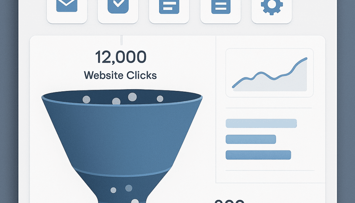 "Dashboard showing a funnel from website clicks to paying clients with analytics and performance icons."