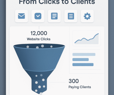 "Dashboard showing a funnel from website clicks to paying clients with analytics and performance icons."