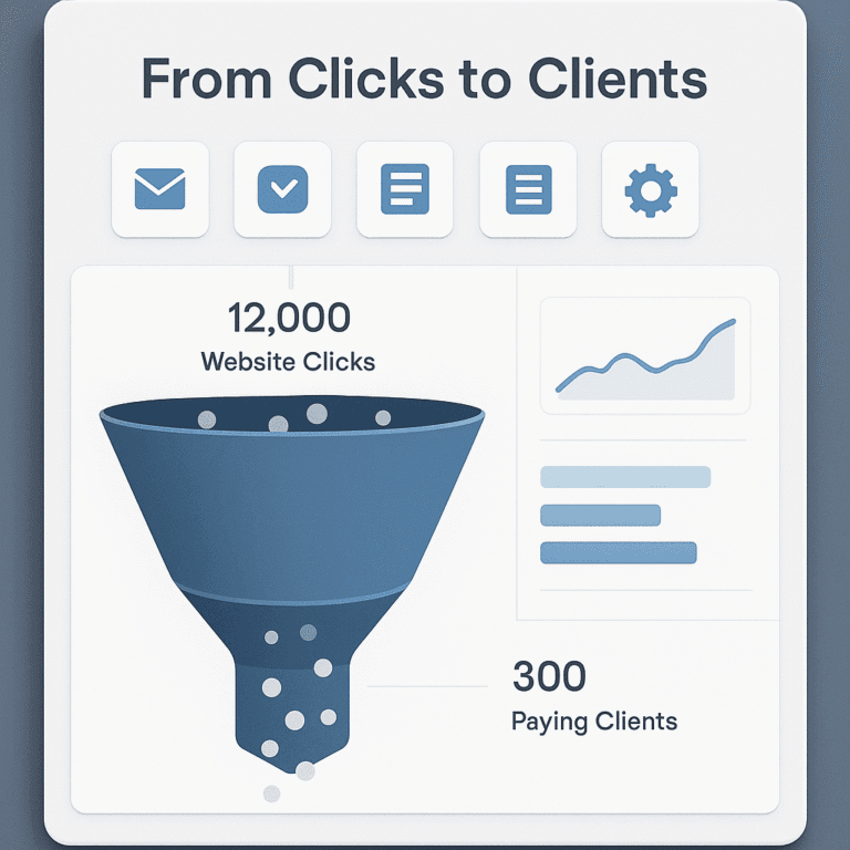 "Dashboard showing a funnel from website clicks to paying clients with analytics and performance icons."