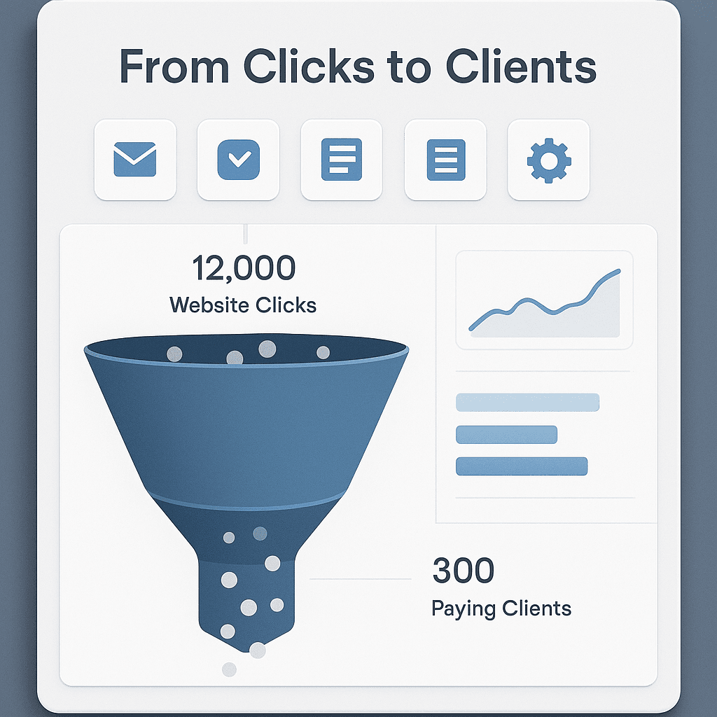 Marketing Funnel Metrics Dashboard "Dashboard showing a funnel from website clicks to paying clients with analytics and performance icons."