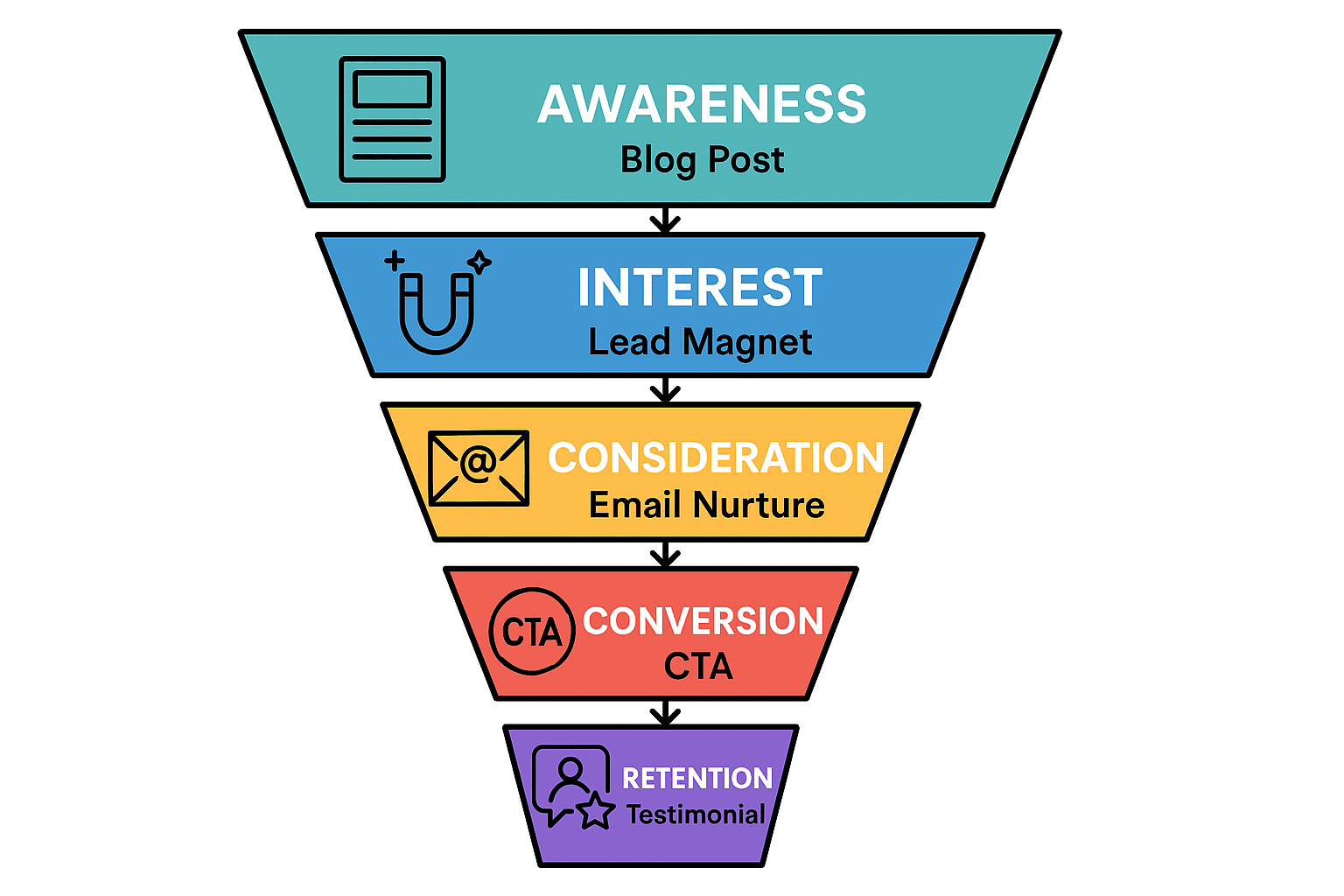 Colorful infographic illustrating the stages of a marketing funnel: awareness, interest, consideration, conversion, and retention.