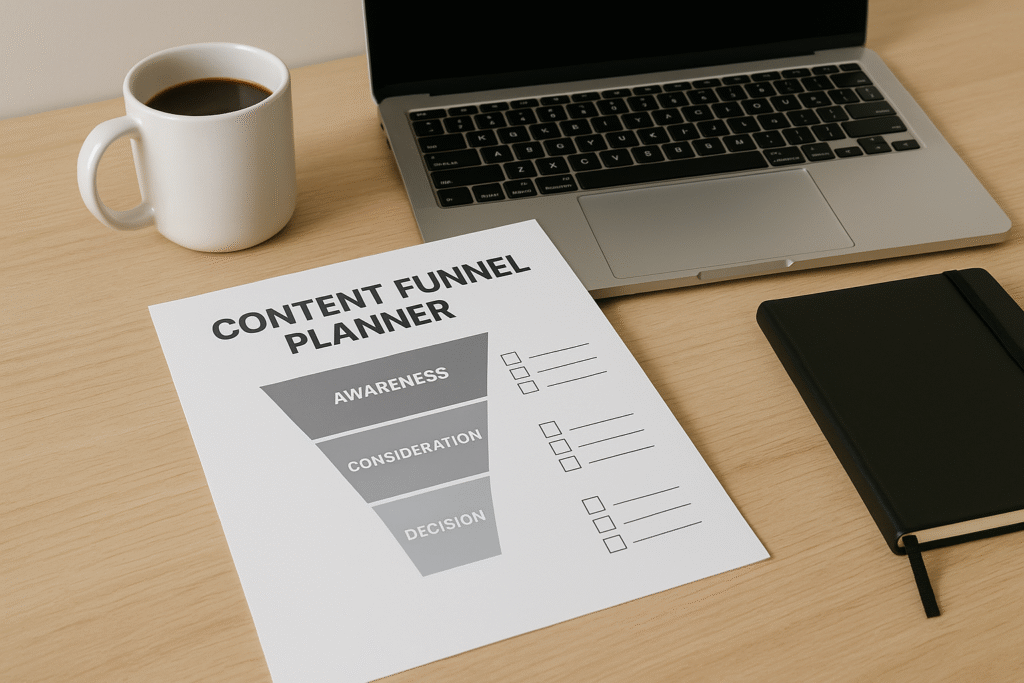 Printed content funnel planner with stages for awareness, consideration, and decision on a desk with a laptop, notebook, and coffee.