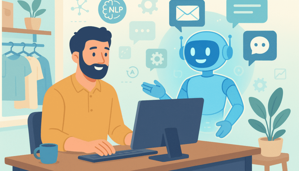 Man using computer with friendly AI chatbot assistant in office setting