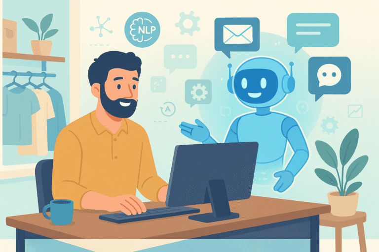 Man using computer with friendly AI chatbot assistant in office setting
