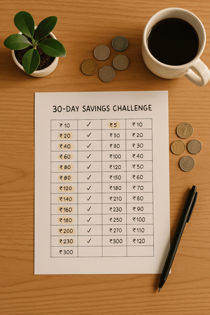  30-day savings challenge printable with Indian rupee amounts, surrounded by coins, coffee, and a pen. 