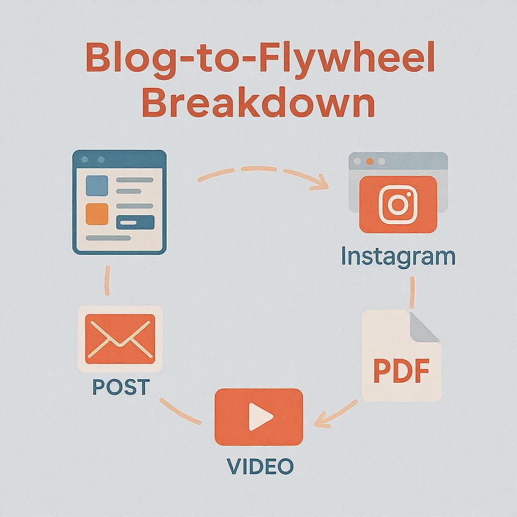 Diagram showing blog content repurposed into Instagram, PDF, video, and email content.