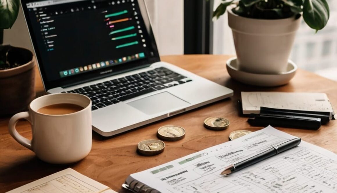 Laptop with project tracker, notebooks, coins, and coffee on a wooden desk, used for financial planning and budgeting.
