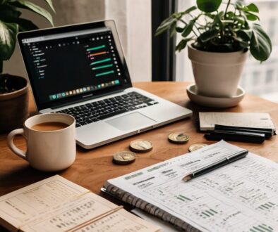 Laptop with project tracker, notebooks, coins, and coffee on a wooden desk, used for financial planning and budgeting.