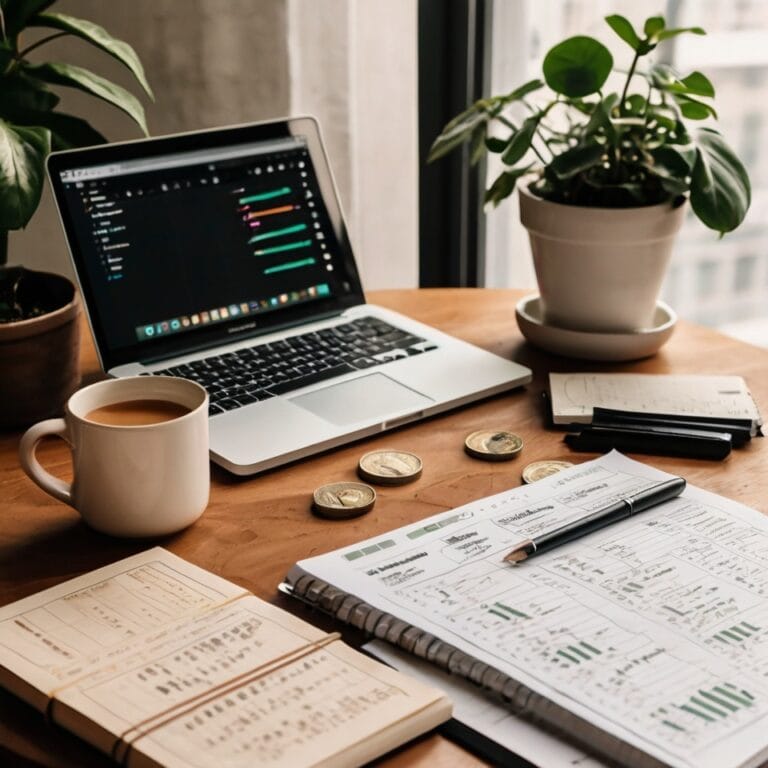 Laptop with project tracker, notebooks, coins, and coffee on a wooden desk, used for financial planning and budgeting.