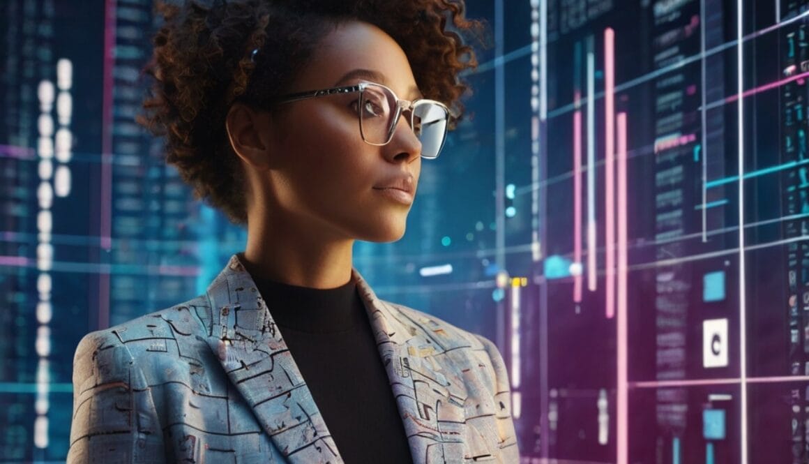 Futuristic digital marketer creating AI-generated video ads with data visuals in the background