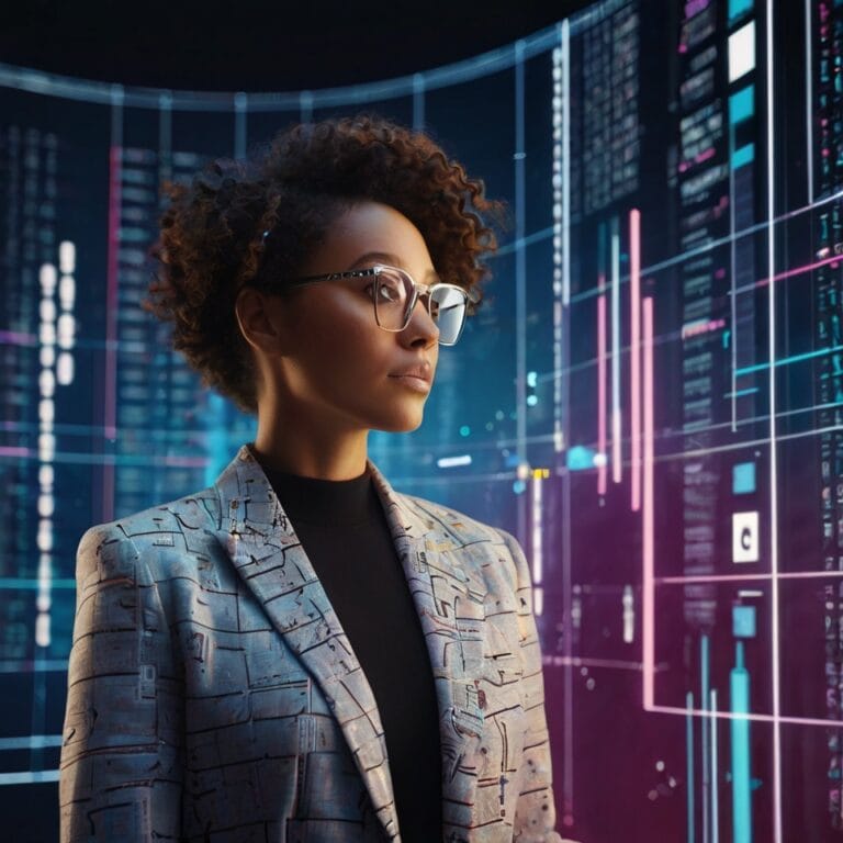 Futuristic digital marketer creating AI-generated video ads with data visuals in the background