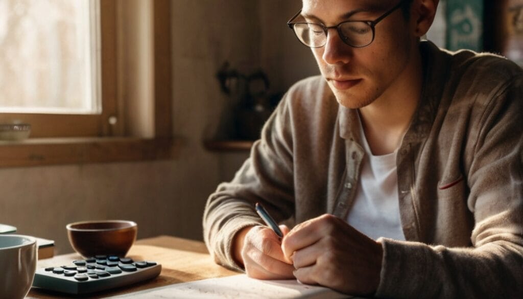 : Young man writing in a notebook during morning sunlight at a cozy wooden desk, budgeting or planning.