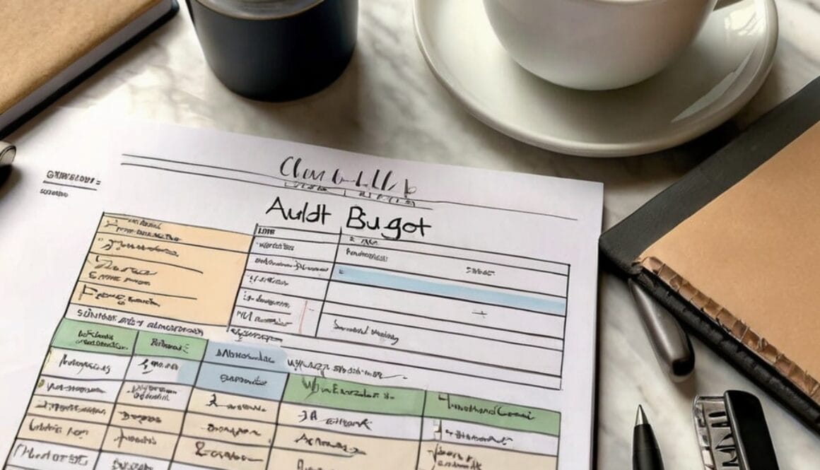 Flat lay of a budget audit with coffee cups and office tools on a marble desk