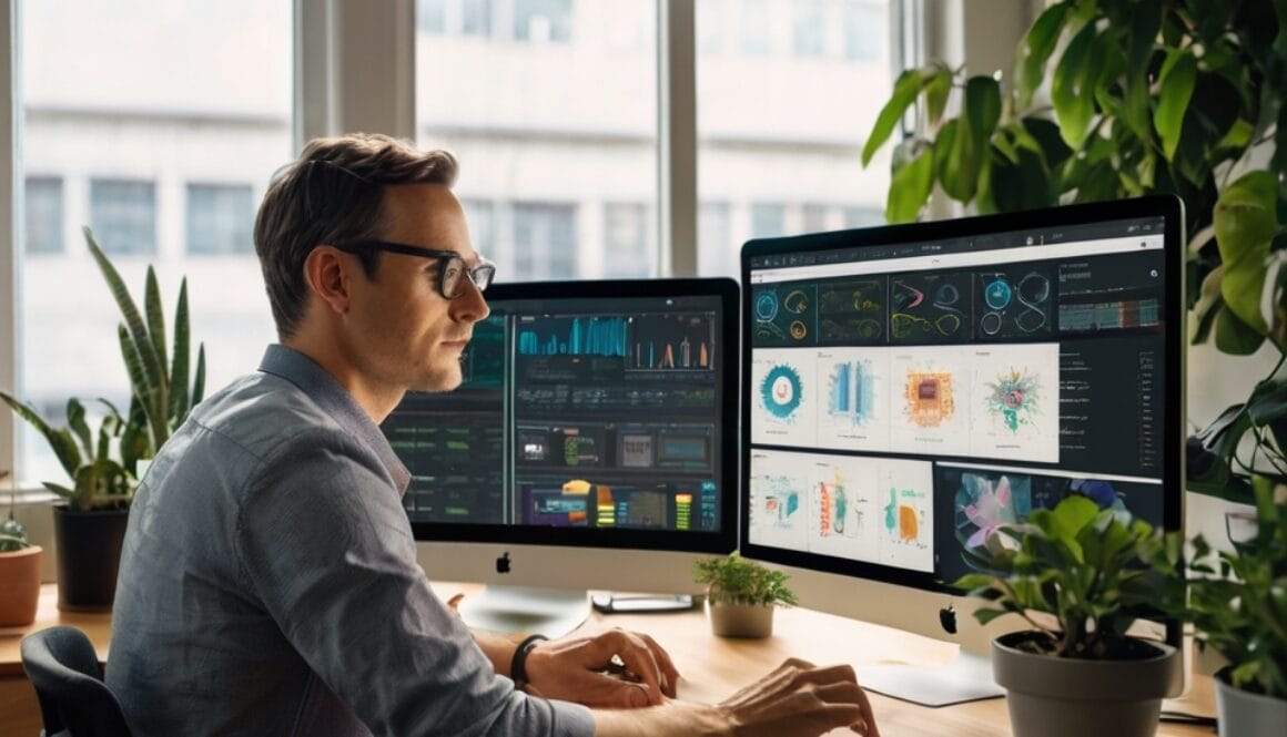 Man analyzing data dashboards on dual computer monitors in a modern office