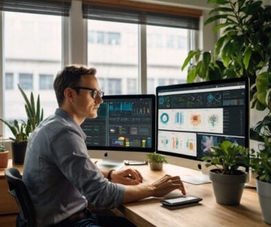 Man analyzing data dashboards on dual computer monitors in a modern office
