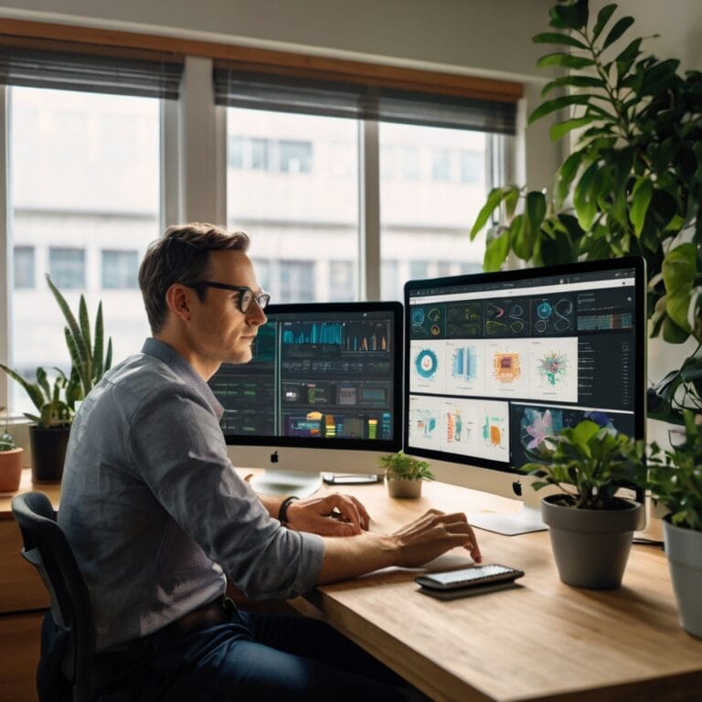 Man analyzing data dashboards on dual computer monitors in a modern office