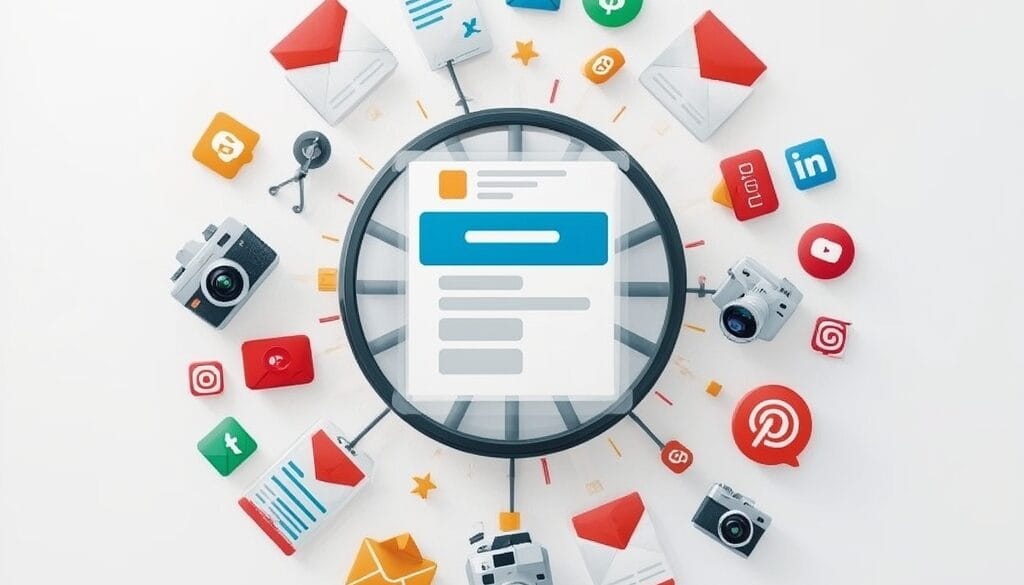 Digital content flywheel surrounded by icons for email, social media, video, and blog