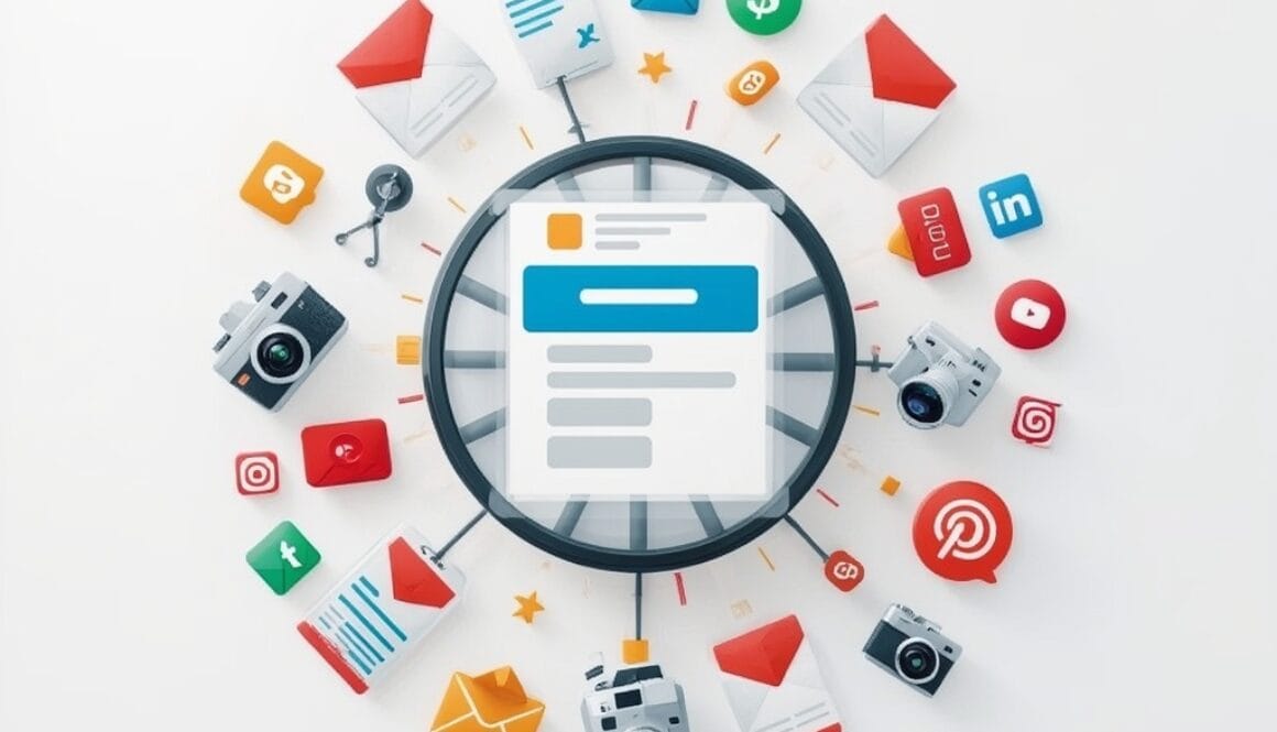 Digital content flywheel surrounded by icons for email, social media, video, and blog