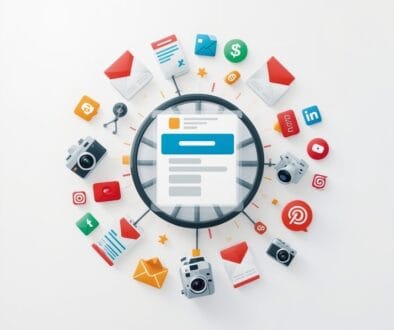 Digital content flywheel surrounded by icons for email, social media, video, and blog