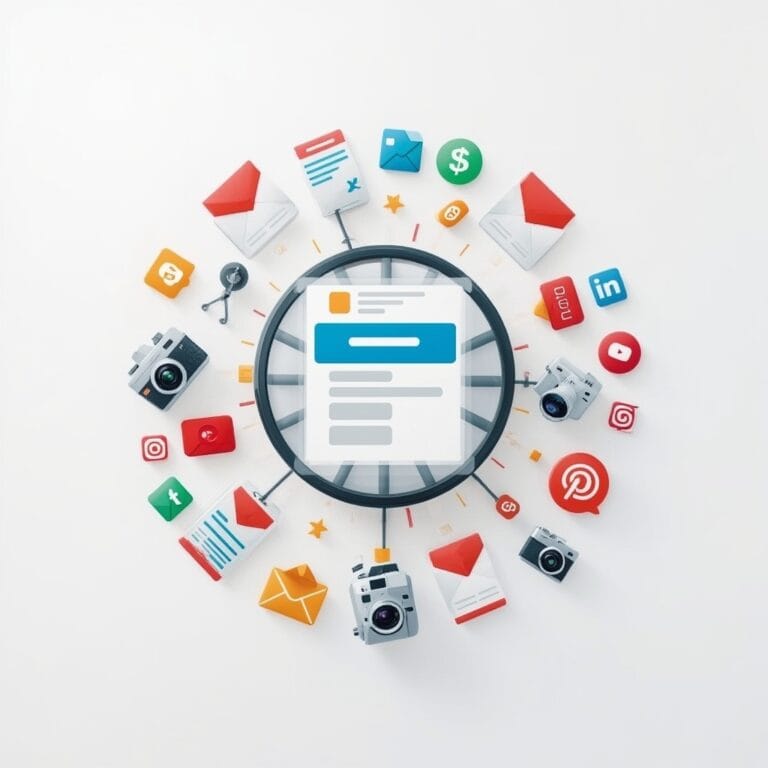 Digital content flywheel surrounded by icons for email, social media, video, and blog