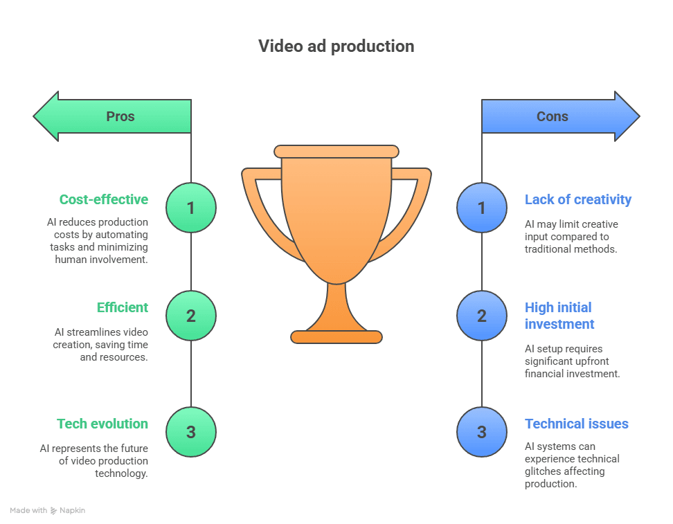 Infographic showing the pros and cons of AI video ad production with a central trophy illustration