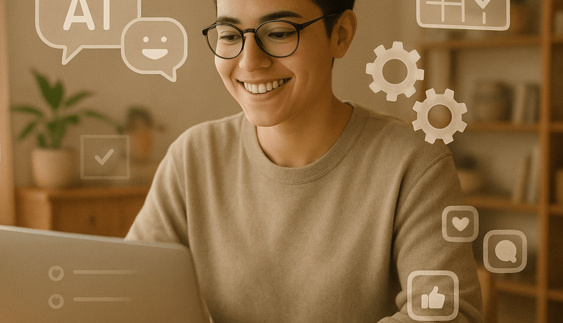 A confident solopreneur working in a well-lit, modern home office with tech gadgets and a minimalist design.