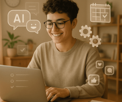 A confident solopreneur working in a well-lit, modern home office with tech gadgets and a minimalist design.