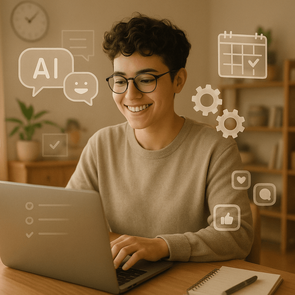 Empowered Solopreneur in a Modern Workspace A confident solopreneur working in a well-lit, modern home office with tech gadgets and a minimalist design.